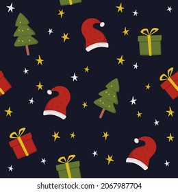 Feliz Navidad sin costura. Casilla de regalo Árbol de Navidad Santa Claus decoración de estrellas de sombrero. Feliz diseño de navidad de Año Nuevo. Fondo oscuro para envolver ilustración vectorial textil de impresión de tarjetas de papel