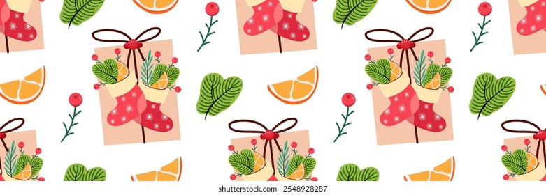 Merry Christmas seamless Pattern. Gift wrapping made of craft paper. Rustic gift box. Christmas red stockings with fir branches, orange slices and berries. Winter Background. Vector flat illustration.