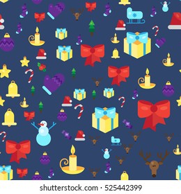 Merry Christmas Seamless Pattern With Gift, Happy Xmas Deer, Santa Claus Hat, Holly berries, Caramel Wand. Design Background Elements for invitation, greeting, card, sticker, print. Vector