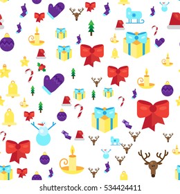 Merry Christmas Seamless Pattern With Gift, Happy Xmas Deer, Santa Claus Hat, Holly berries, Caramel Wand. Design Background Elements for invitation, greeting, card and sticker, print. Vector