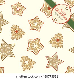 Merry christmas seamless pattern with ginger cookies and stars. Xmas tree and stars over the beige background. Scandinavian style. Vector repeatable texture.

