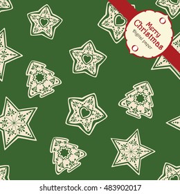 Merry christmas seamless pattern with ginger cookies and stars. Xmas tree and stars over the green background. Scandinavian style. Vector repeatable texture.