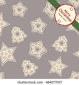 Merry christmas seamless pattern with ginger cookies and stars. Xmas tree and stars over the grey background. Scandinavian style. Vector repeatable texture.