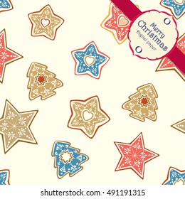 Merry christmas seamless pattern with ginger cookies and stars. Xmas tree and stars over the beige background. Scandinavian style. 