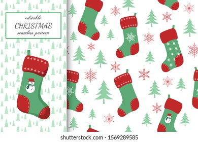 Merry Christmas seamless pattern with green and red gift socks in flat cartoon style. Fir trees and snowflakes repeat background. New Year holiday endless texture. Winter vector illustration. 