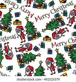 Merry christmas seamless pattern, with hand drawn, doodled santa, tree gifts, and text that says merry christmas. On white background, vector.
