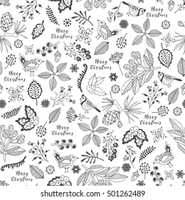 Merry Christmas seamless pattern. Hand drawing leafs, flowers, branches, berries, birds.