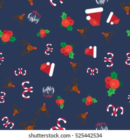 Merry Christmas Seamless Pattern With Hand Drawn Lettering, Happy Xmas Deer, Santa Claus Hat, Holly berries, Caramel Wand. Design Elements for invitation, greeting, card, sticker, print. Vector