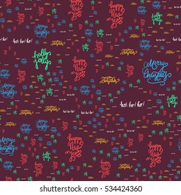 Merry Christmas Seamless Pattern With Hand Drawn Lettering. Xmas Design Label Elements for holiday invitation, greeting, card and fabric, backdrop, sticker, wallpaper, print. Vector