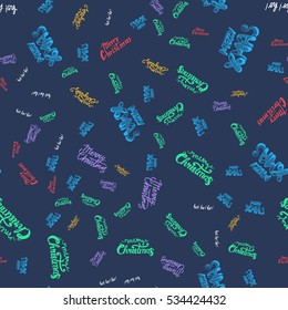 Merry Christmas Seamless Pattern With Hand Drawn Lettering. Xmas Design Label Elements for holiday invitation, greeting, card and fabric, backdrop, sticker, wallpaper, print. Vector