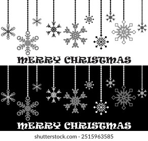 Feliz Natal Padrão sem emenda com floco de neve pendurado no fundo preto e branco. Feriados de inverno. Ilustração vetorial isolada.