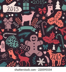 Merry Christmas seamless pattern, Happy New Year background, wrapping paper texture, silhouette.Classic elements Christmas pattern winter background. Holidays icon