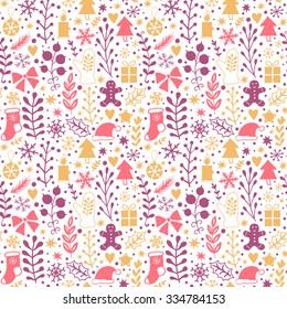 Merry Christmas seamless pattern, Happy New Year background, wrapping paper texture, silhouette.Classic elements Christmas pattern winter background. Holidays icons.