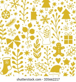 Merry Christmas seamless pattern, Happy New Year background, wrapping paper texture, silhouette. Classic elements Christmas pattern winter background. Holidays icons.