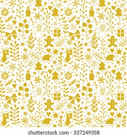 Merry Christmas seamless pattern, Happy New Year background, wrapping paper texture, silhouette.Classic elements Christmas pattern winter background. Holidays icons.