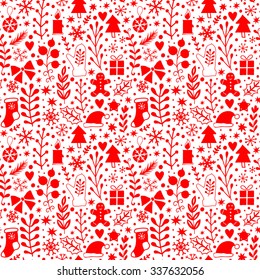 Merry Christmas seamless pattern, Happy New Year background, wrapping paper texture, silhouette.Classic elements Christmas pattern winter background. Holidays icons.