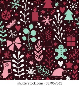 Merry Christmas seamless pattern, Happy New Year background, wrapping paper texture, silhouette.Classic elements Christmas pattern winter background. Holidays icons.