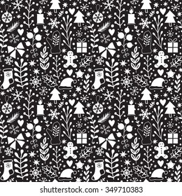 Merry Christmas seamless pattern, Happy New Year background, wrapping paper texture, silhouette.Classic elements Christmas pattern winter background. Holidays icons.