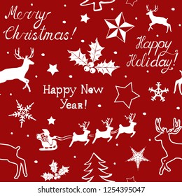 Merry Christmas seamless pattern. Holiday lettering. Make a wish. Winter holiday background. New Year texture. For banners, posters, cards and wrapping paper. New Year 2022