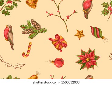Merry Christmas seamless pattern. Holiday background in vintage style.