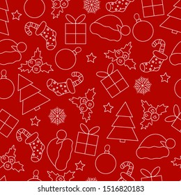 Merry Christmas.  Seamless pattern with holiday attributes.  Xmas tree, gift, Santa hat and other elements on a red background.  For design, print on paper and more.

