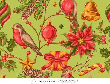 Merry Christmas seamless pattern. Holiday background in vintage style.