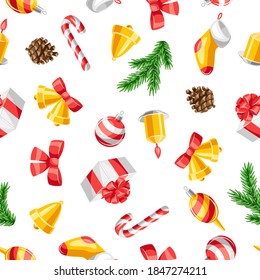 Merry Christmas seamless pattern. Holiday background with decorations.