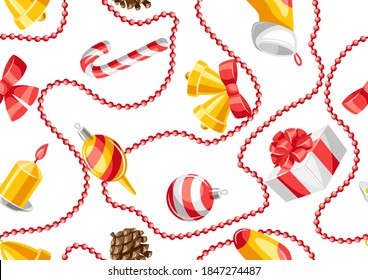 Merry Christmas seamless pattern. Holiday background with decorations.