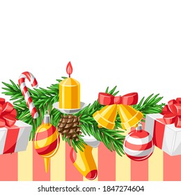 Merry Christmas seamless pattern. Holiday background with decorations.