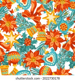 Merry Christmas seamless pattern. Holiday background in vintage style.