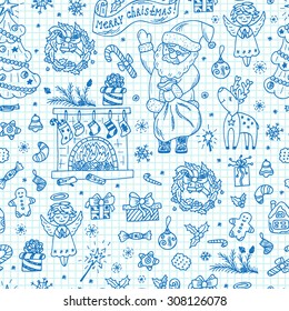 Merry Christmas. Christmas seamless pattern. Holiday background. Endless texture. Hand Drawn Doodles illustration.