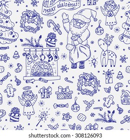 Merry Christmas. Christmas seamless pattern. Holiday background. Endless texture. Hand Drawn Doodles illustration.