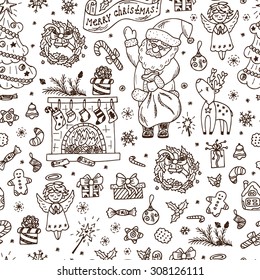 Merry Christmas. Christmas seamless pattern. Holiday background. Endless texture. Hand Drawn Doodles illustration.