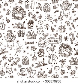 Merry Christmas. Christmas seamless pattern. Holiday background. Endless texture. Hand Drawn Doodles illustration. Black and white.