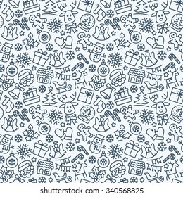 Merry Christmas  Christmas seamless pattern  Holiday background  Endless texture  Thin lines Drawn simple illustration  