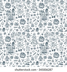 Merry Christmas. Christmas seamless pattern. Holiday background. Endless texture. Hand Drawn Doodles illustration. Black and white.