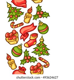 Merry Christmas seamless pattern with holiday symbols.