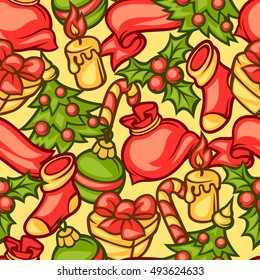 Merry Christmas seamless pattern with holiday symbols.