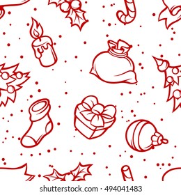 Merry Christmas seamless pattern with holiday symbols.