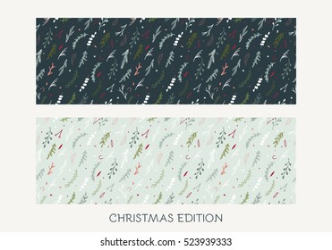 Feliz Navidad sin problemas. Banner horizontal con ramas de abeto, flores y elementos decorativos. Diseño hecho a mano por Navidad.