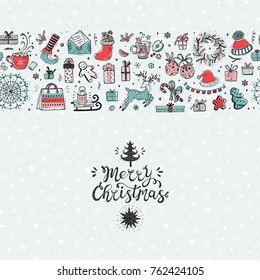 Merry Christmas seamless pattern horizontal border. Xmas greeting Card Template. Happy Winter Holidays poster. New year. Vector Christmas Holiday banner
