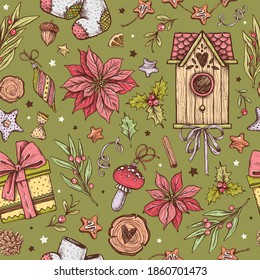 Merry Christmas seamless pattern. House, birdhouse, Christmas decorations, poinsettia, wood, bell with bow. Botanical Illustration. Black and white vintage Christmas