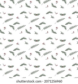 Frohe Weihnachtsmuster mit Ilex, Eukalyptus, Kiefer für Tapeten, traditionelles Weihnachtsgeschenkpapier, Postkarten und Aufkleber
