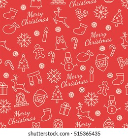 merry christmas seamless pattern with line icons, vector background