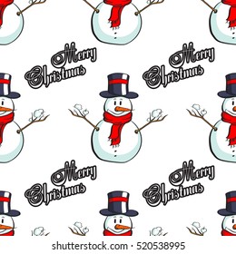 Merry Christmas. Seamless pattern made from hand drawn snowmen on white background. Vector illustration.