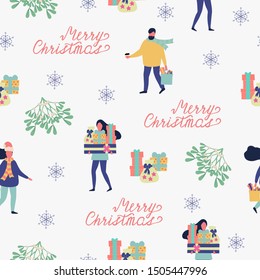 Merry Christmas seamless pattern with mistletoe. Background with people - women and men carrying gifts for holiday.