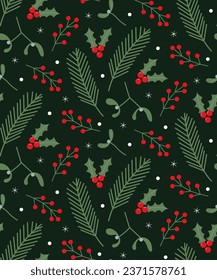 Merry Christmas seamless pattern with  mistletoe and pine branches and red berries on green  background.  Vector illustration