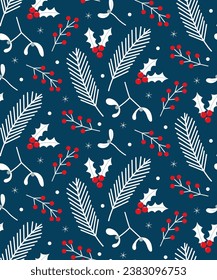 Merry Christmas seamless pattern with mistletoe and pine branches and red berries on green background. Vector illustration