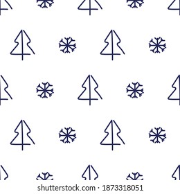 Merry Christmas seamless pattern, Navy blue Christmas tree and snowflake pattern on white background.	