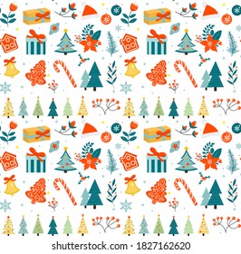 Merry christmas seamless pattern. New Year winter repeating texture, background. Vector illustration